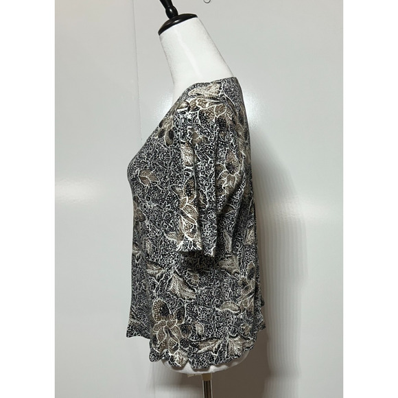 J Jill Top Womens Medium Black Tan Floral 100% Linen Short Sleeve Scoop Neck - Picture 5 of 8